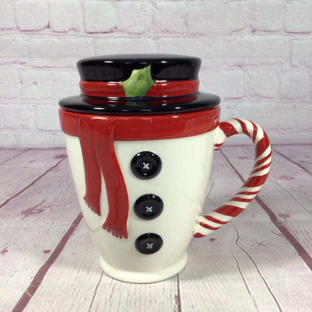 Hallmark Snowman Lidded Mug with Red and White Candy Cane Handle